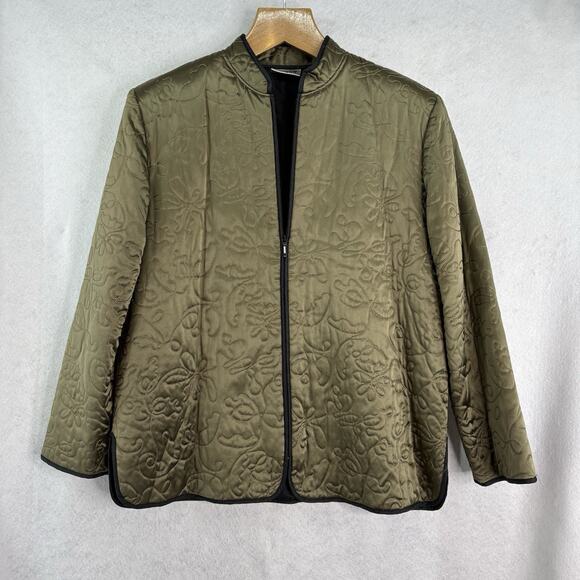 Chico's Design Vintage Sz 2 /L/14 Olive‎ Lined Silk Embroidered Full Zip Jacket - Picture 1 of 6